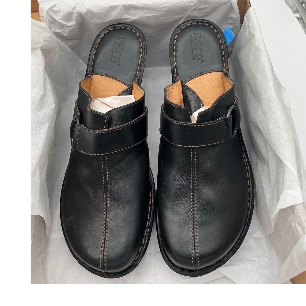 Born Black Leather Wedge Clogs Mules Buckle Strap Opanka MWW31055 Women Size 9